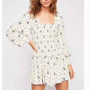 FREE PEOPLE ‘Two Faces’ White Floral Print Smocked Mini Dress Balloon Sleeve